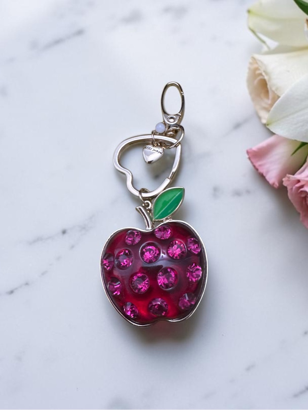 Betsey Johnson Pink Crystal Apple Keychain Charm NWOT